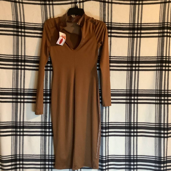 Laqueen Brown Long Sleeve Midi Bodycon Dress with Faux Snakeskin Accent Women’s - Picture 1 of 4
